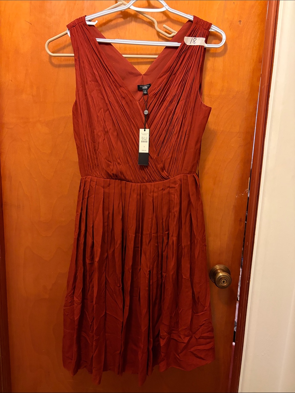 Talbots Sleeveless Rust-Red V-Neck Pleated Midi Dress